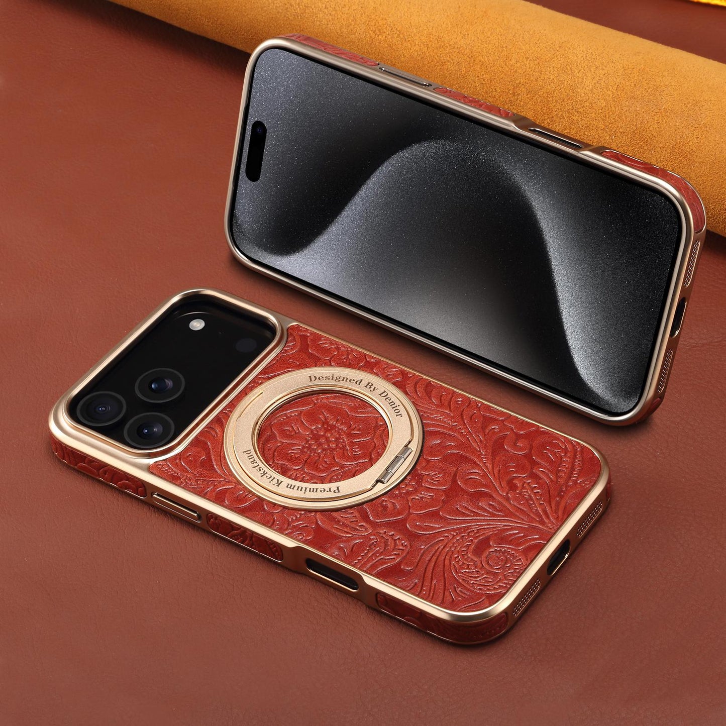 Vintage Tang Dynasty Floral Genuine Leather Phone Case with 360° iPhone 17