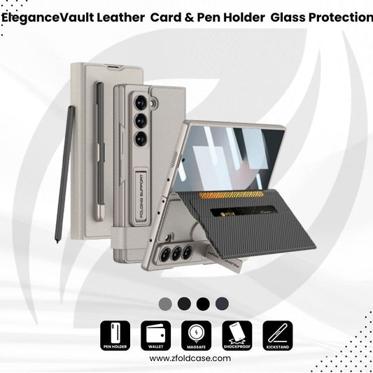 EleganceVault Leather  Z Fold 7, 6,5  Card & Pen Holder with Glass Protection Case