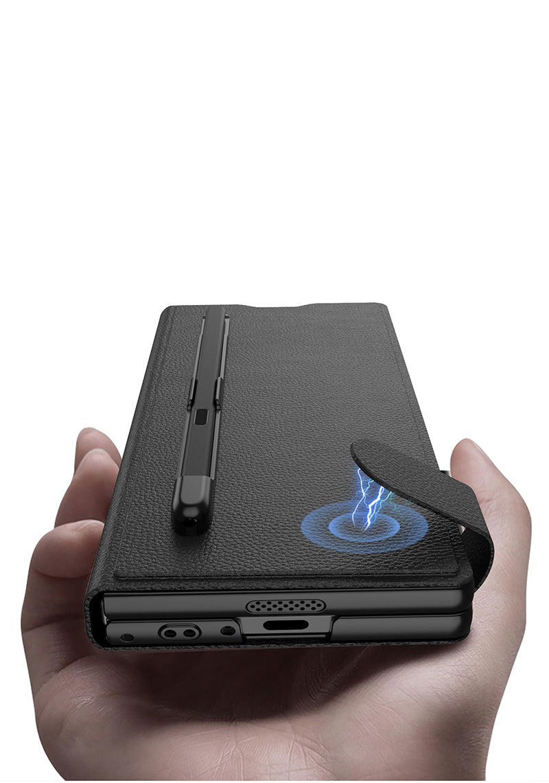 EleganceVault Leather  Z Fold 7, 6,5  Card & Pen Holder with Glass Protection Case