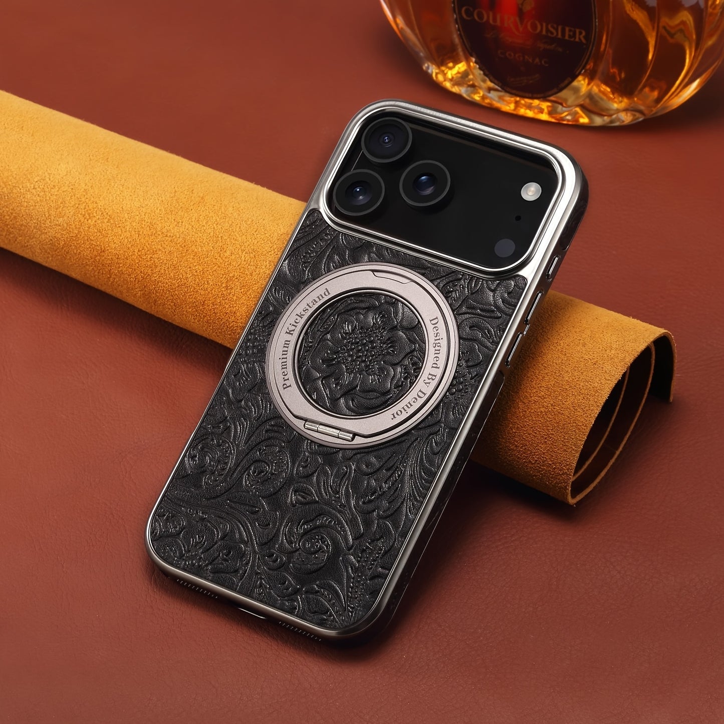 Vintage Tang Dynasty Floral Genuine Leather Phone Case with 360° iPhone 17