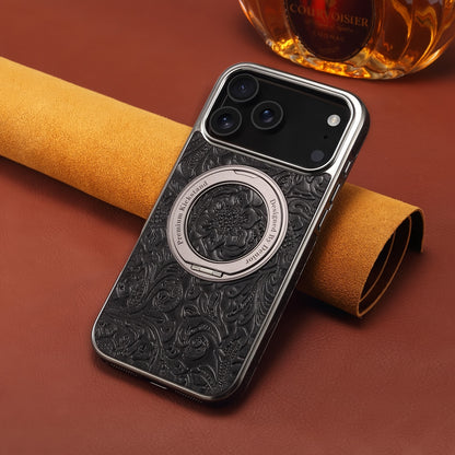 Vintage Tang Dynasty Floral Genuine Leather Phone Case with 360° iPhone 17