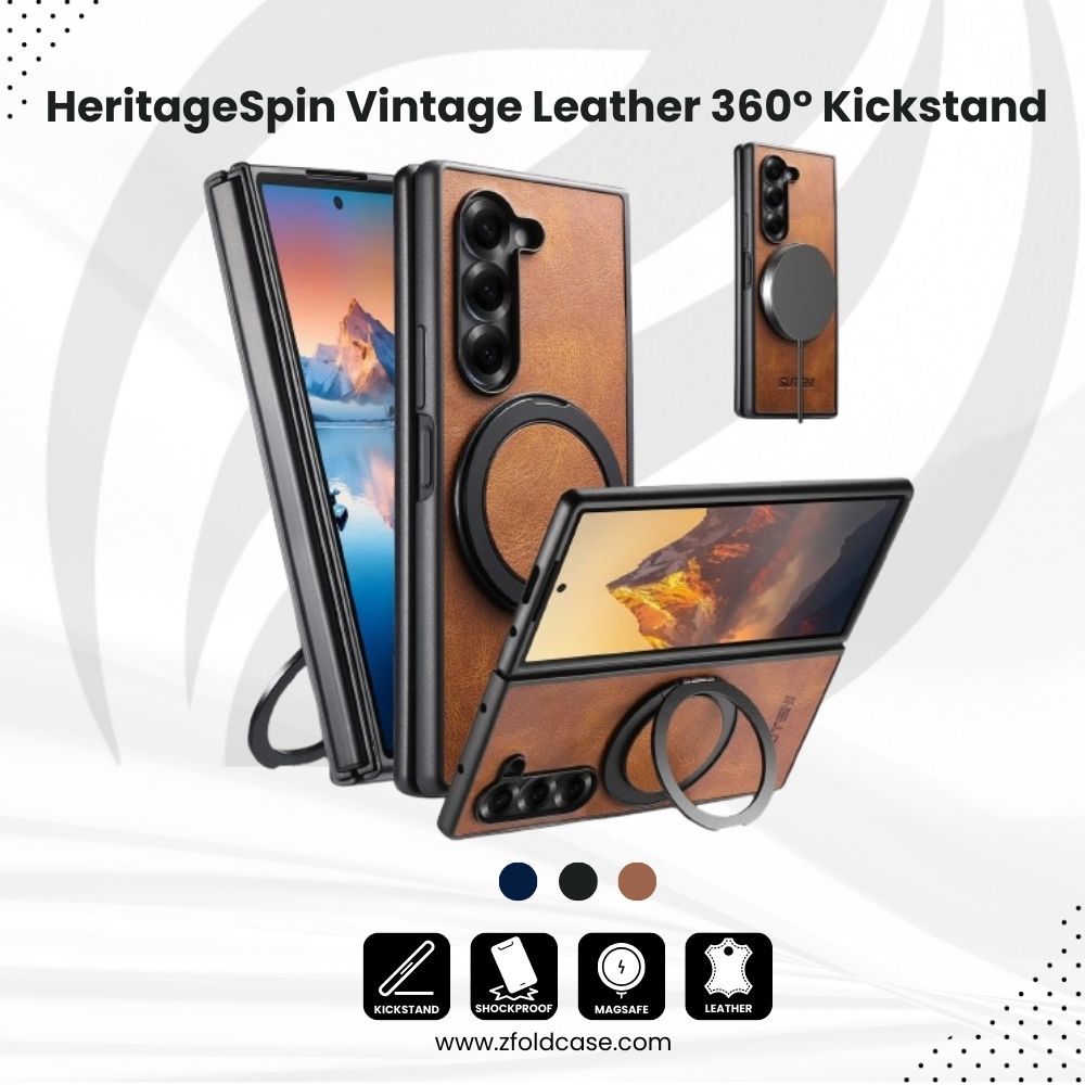 HeritageSpin –  Z Fold 7, 6, 5 Vintage Leather 360° Kickstand Case