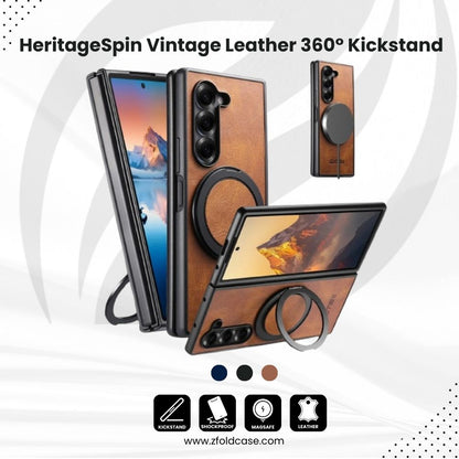 HeritageSpin –  Z Fold 7, 6, 5 Vintage Leather 360° Kickstand Case
