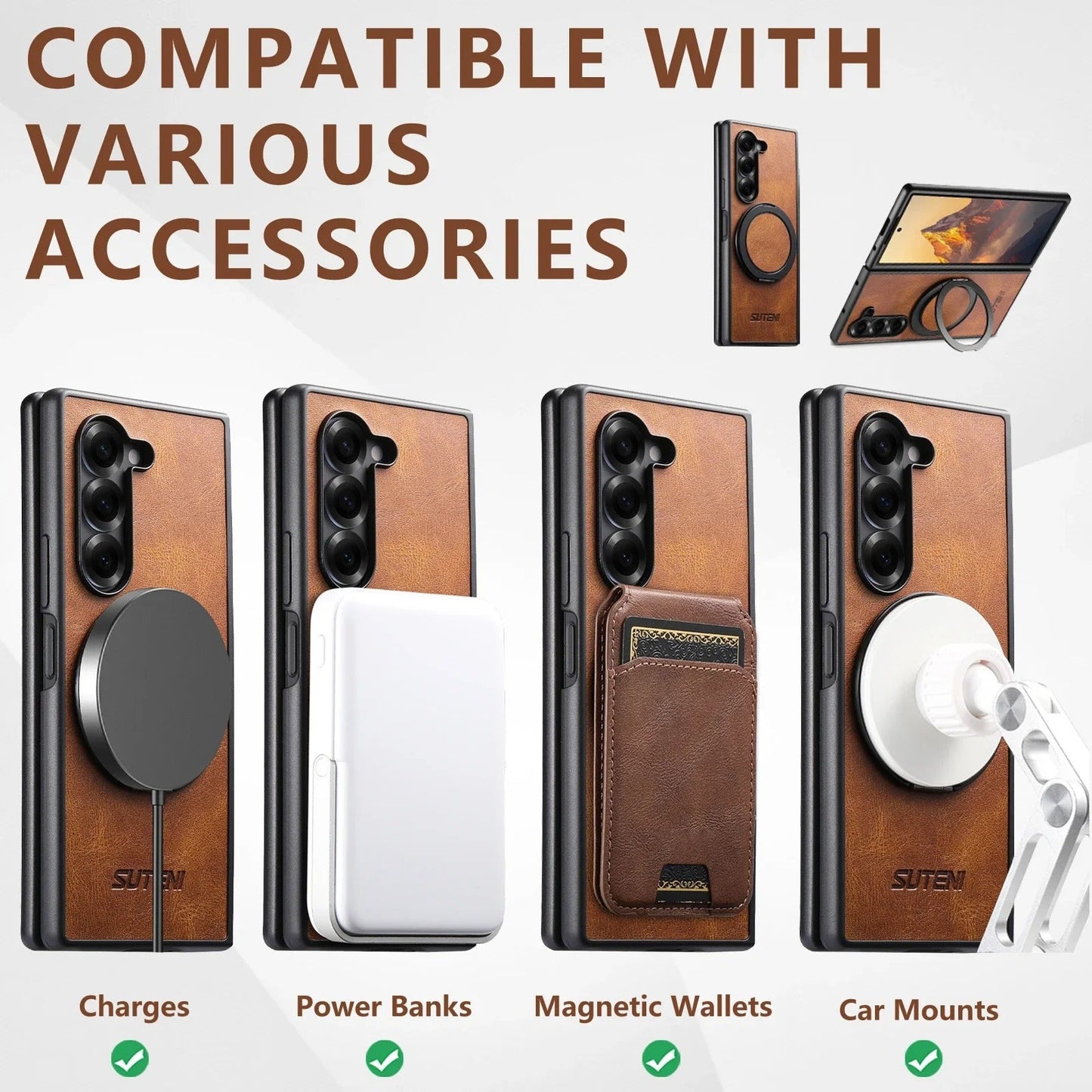 HeritageSpin –  Z Fold 7, 6, 5 Vintage Leather 360° Kickstand Case