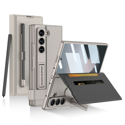 EleganceVault Leather  Z Fold 7, 6,5  Card & Pen Holder with Glass Protection Case